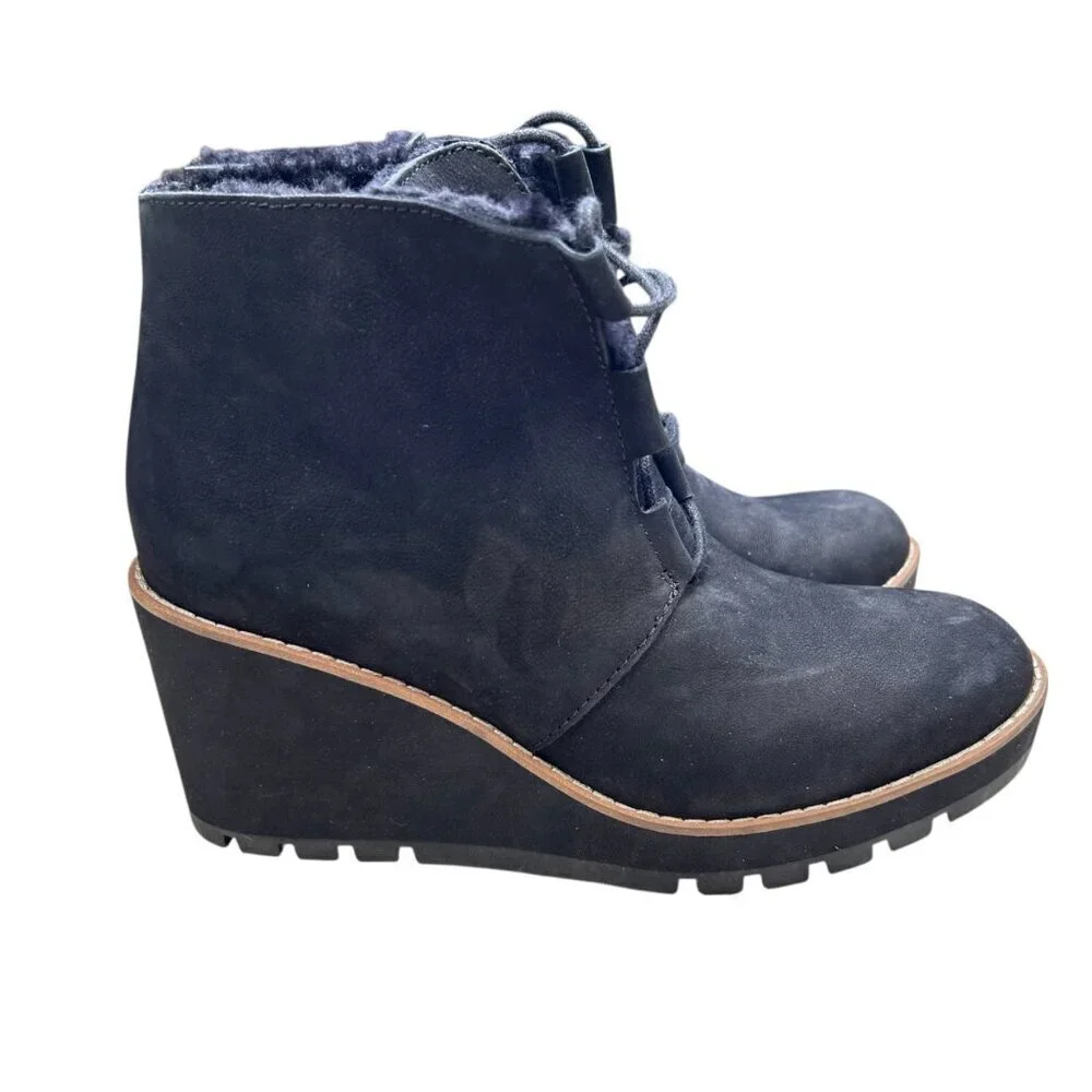 Eileen Fisher Alpine Wedge Suede Shearling Boot 8.5 Lace Up Black Cabincore Cozy